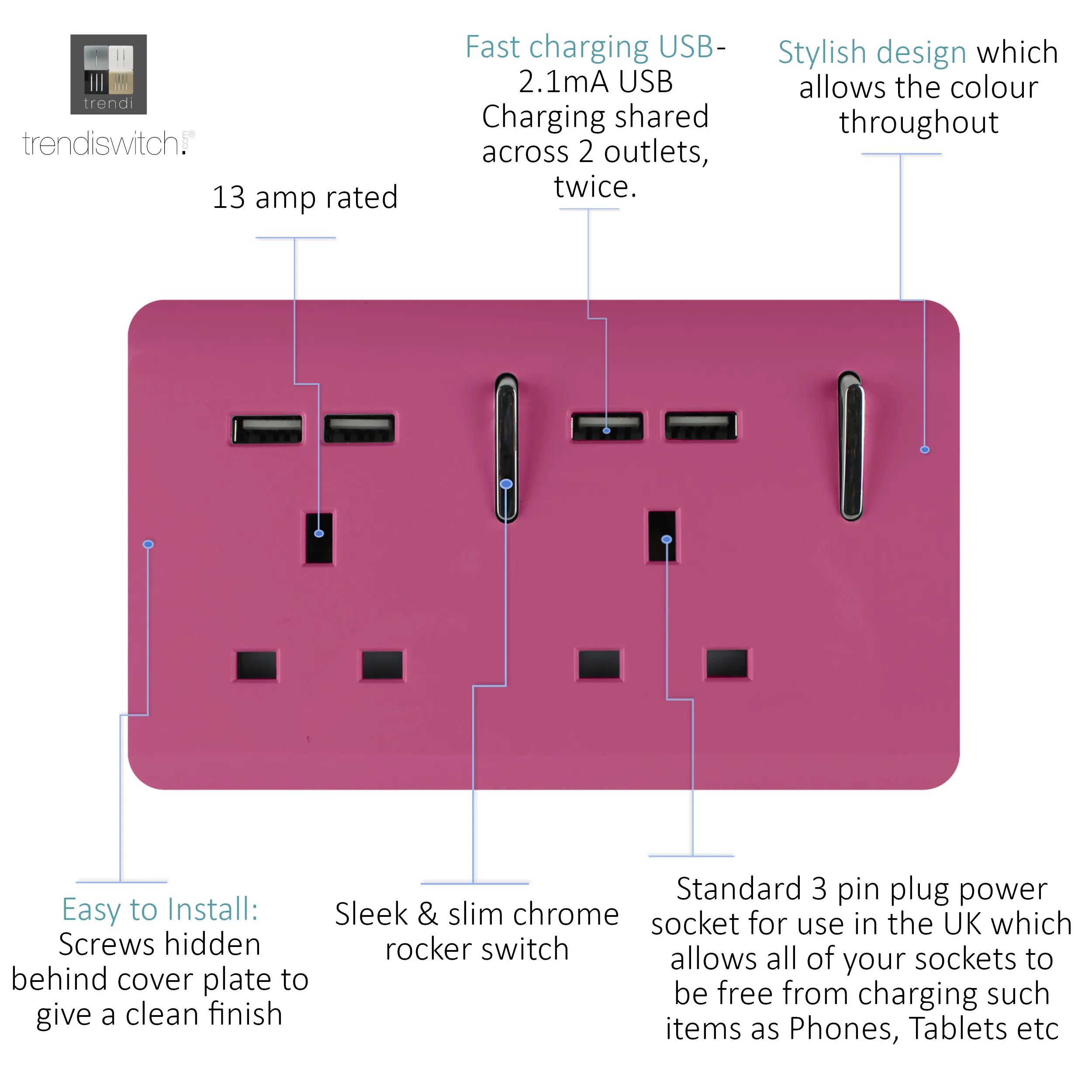 2 Gang 13Amp Switched Double Socket With 4X 2.1Mah USB Pink ART-SKT213USBPK  Trendi Pink